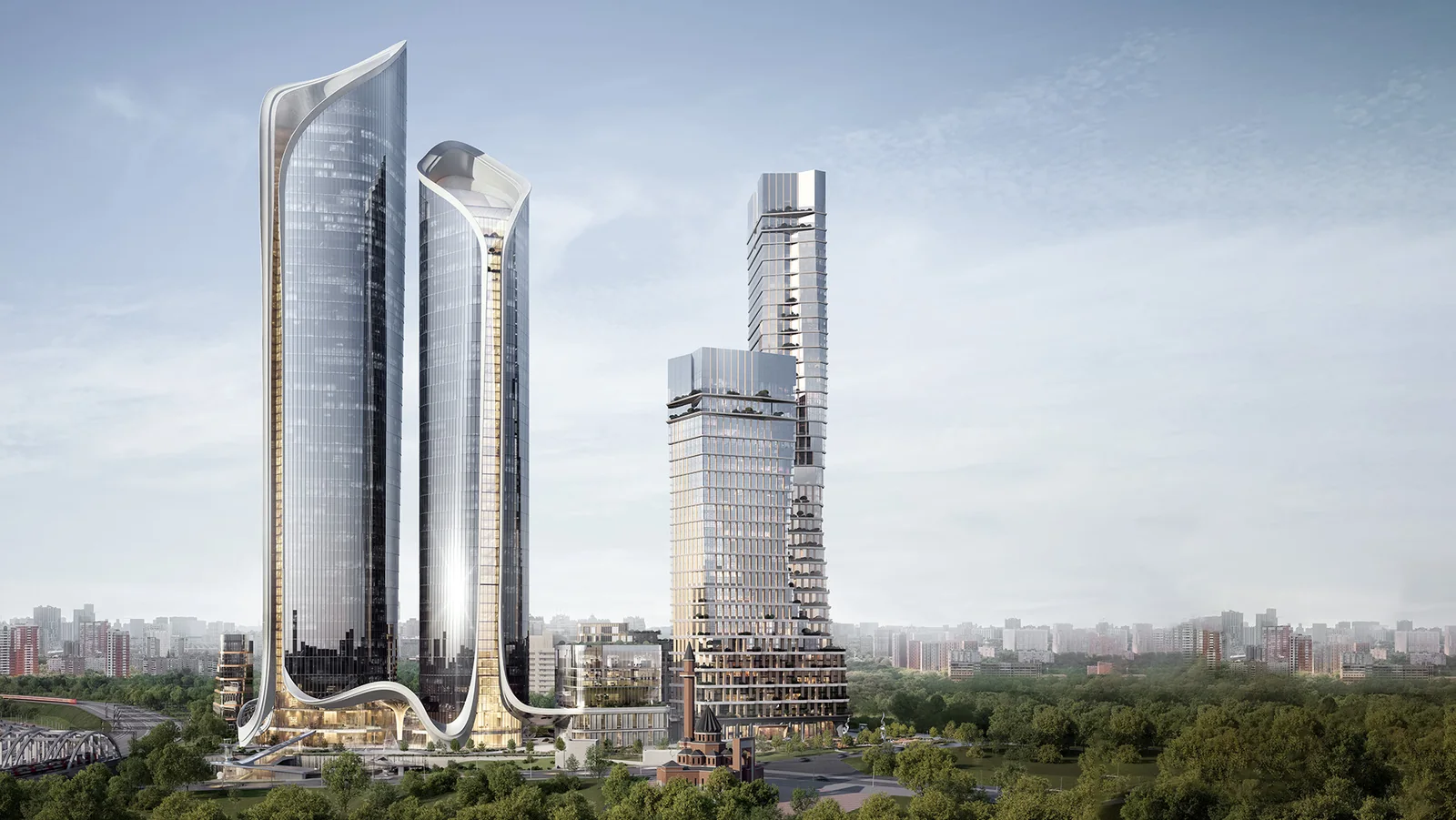 Башни «Феномен города» днём — панорамное остекление и озеленённые террасы
