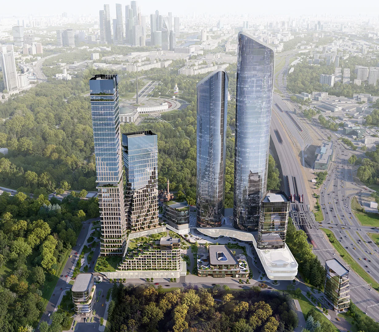 Расположение «Феномен города» — запад Москвы, на горизонте башни Москва-Сити